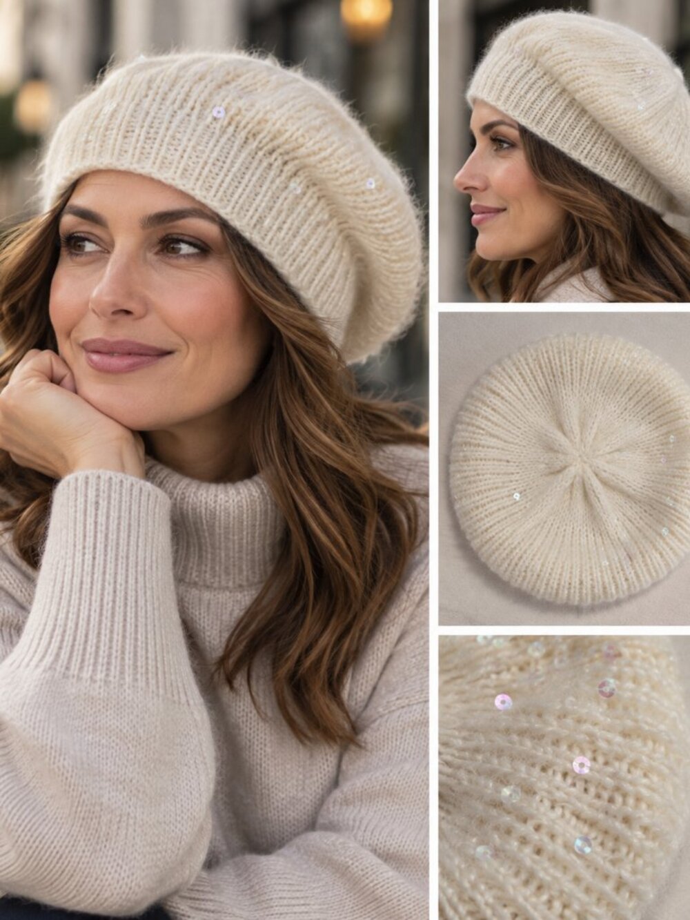 Jessica Cream Sequin Knit Beret